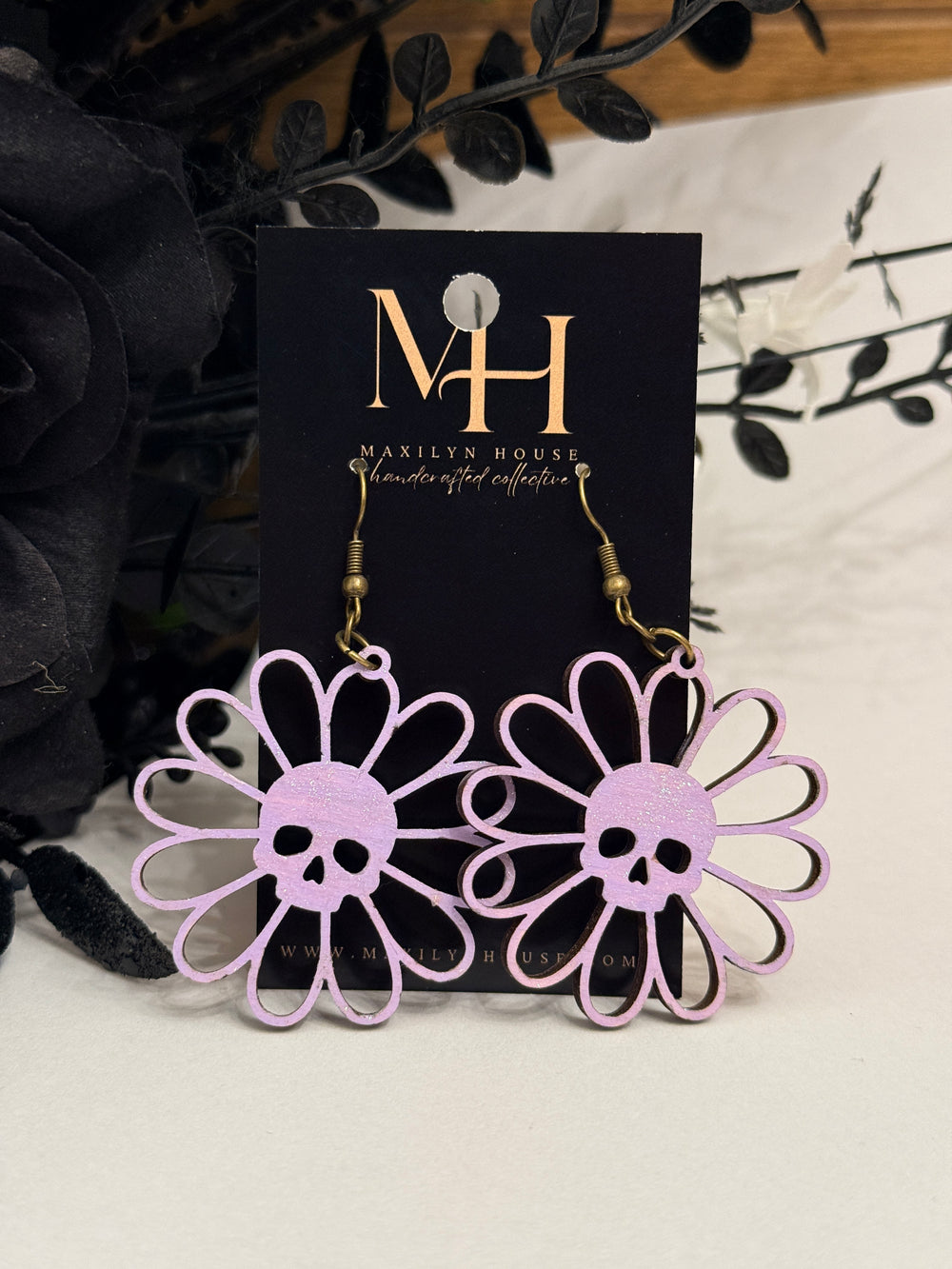 Skull Daisy Wooden Dangle Earrings | Purple Glitter