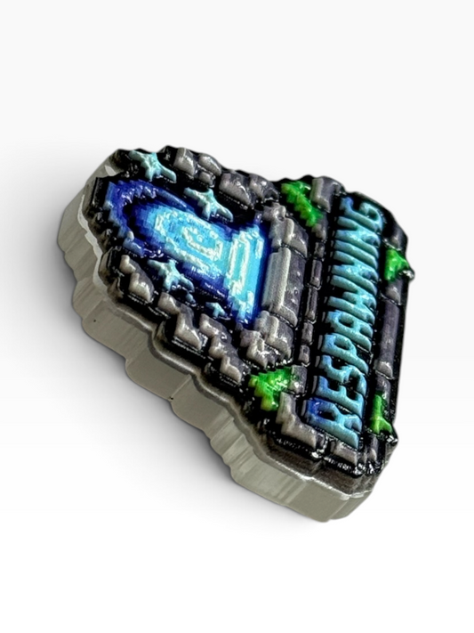 A pixel art acrylic uv printed pin featuring a portal and textured gray stone walls, glowing blue and cyan text reading 
'respawing', and green foliage accents, shown on a clean white background.