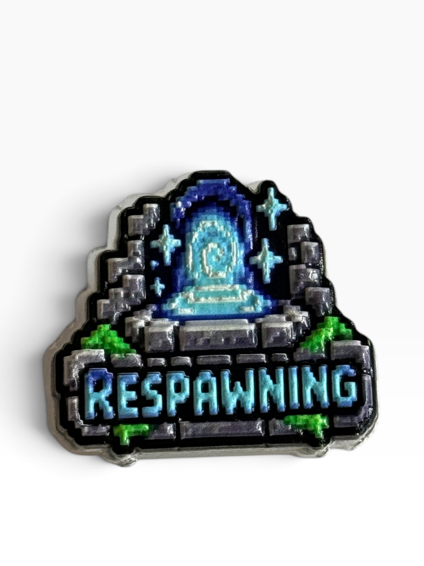 A pixel art acrylic uv printed pin depicting a glowing blue portal surrounded by gray stone walls, with the word 'RESPAWNING' in blue text at the bottom, shown on a clean white background.