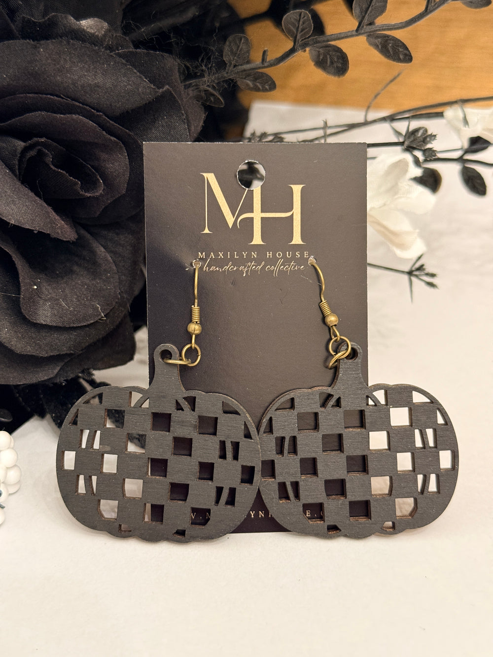 Retro Checker Pumpkin Wooden Dangle Earrings | Black