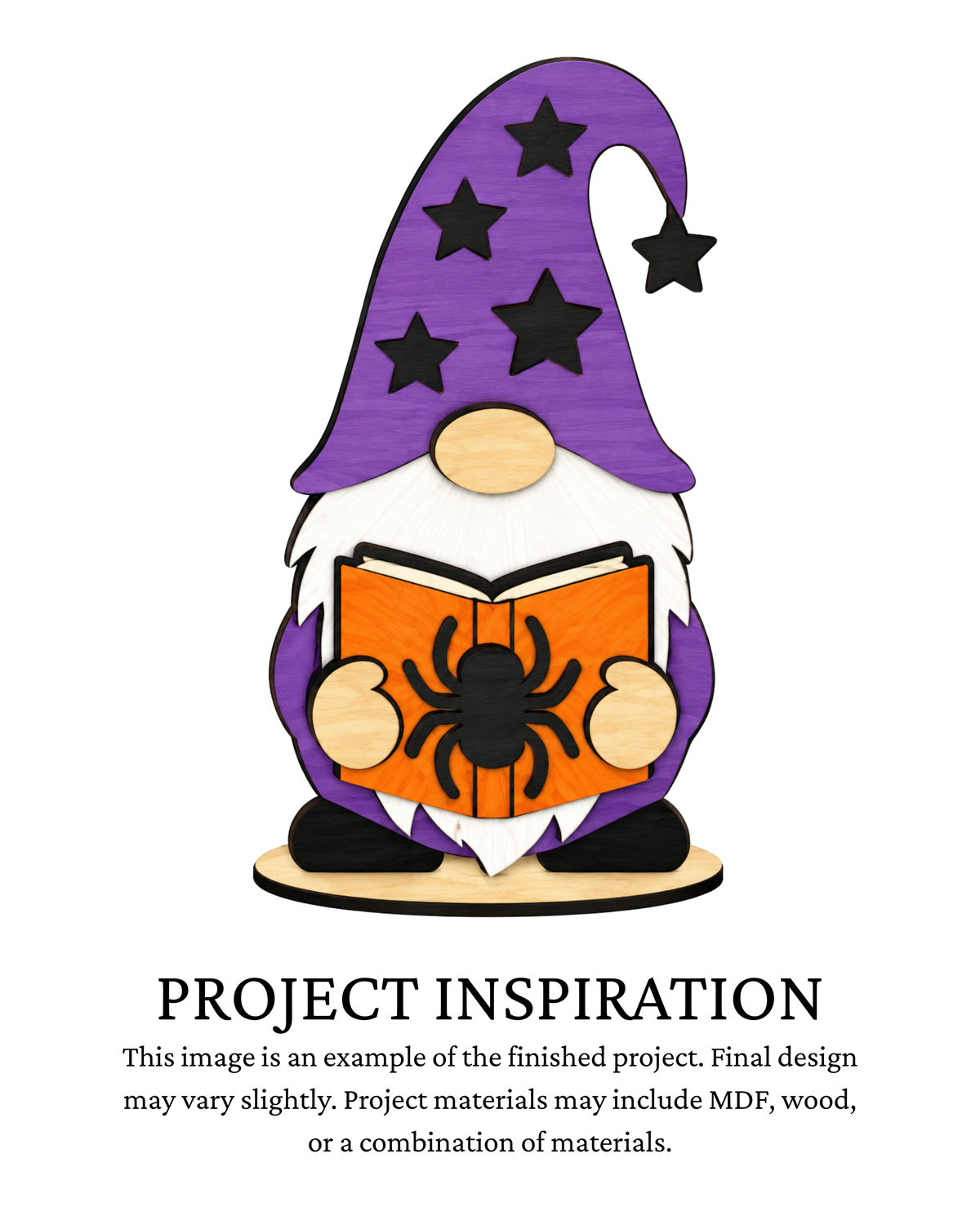 A wizard-themed gnome illustration with a purple hat, white beard, orange book, and black spider graphic, above text reading 'PROJECT INSPIRATION' on a white background.
