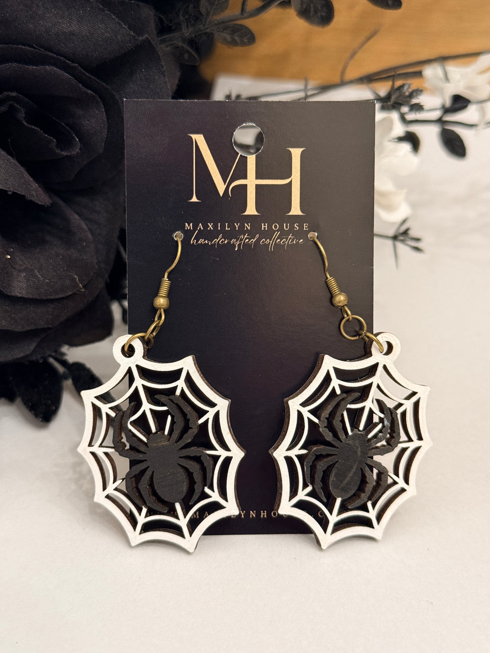 Spiderweb Wooden Dangle Earrings | Black and White