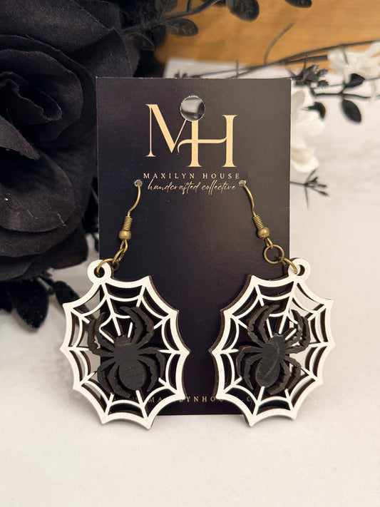 Spiderweb Wooden Dangle Earrings | Black and White
