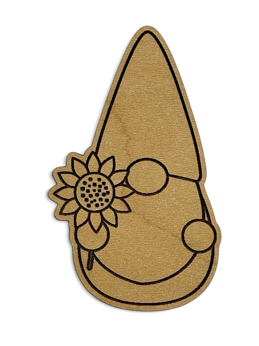 Engraved wooden gnome magnet holding a sunflower