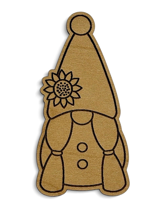Engraved wooden girl gnome magnet with braids and sunflower hat accent