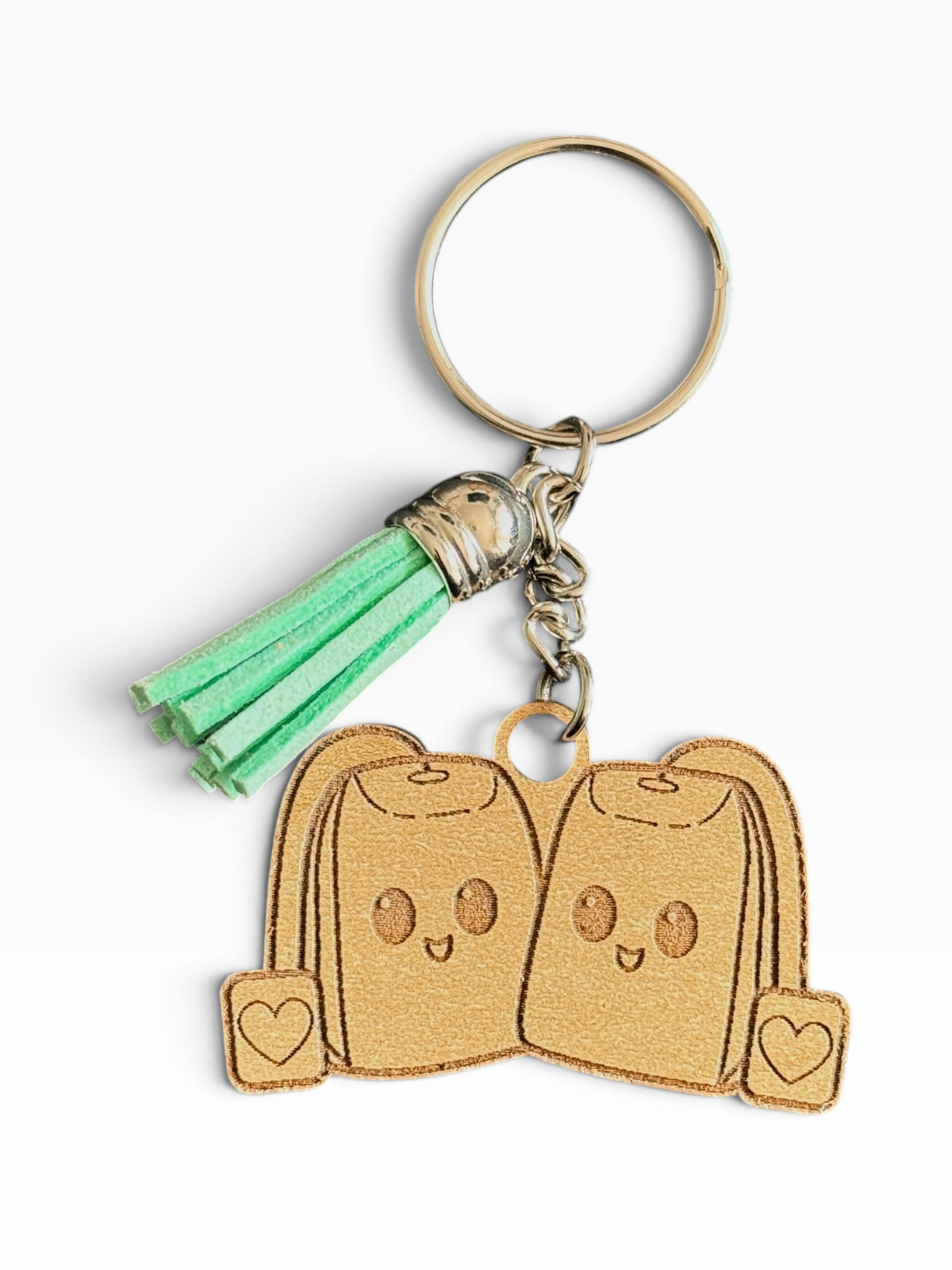 Cute laser engraved tea bag besties wood keychain with green tassel handmade by Maxilyn House in Racine Wisconsin