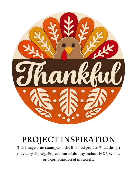 Layered round Thanksgiving sign featuring a colorful turkey, Thankful lettering and decorative autumn leaves, designed as a DIY painting project.