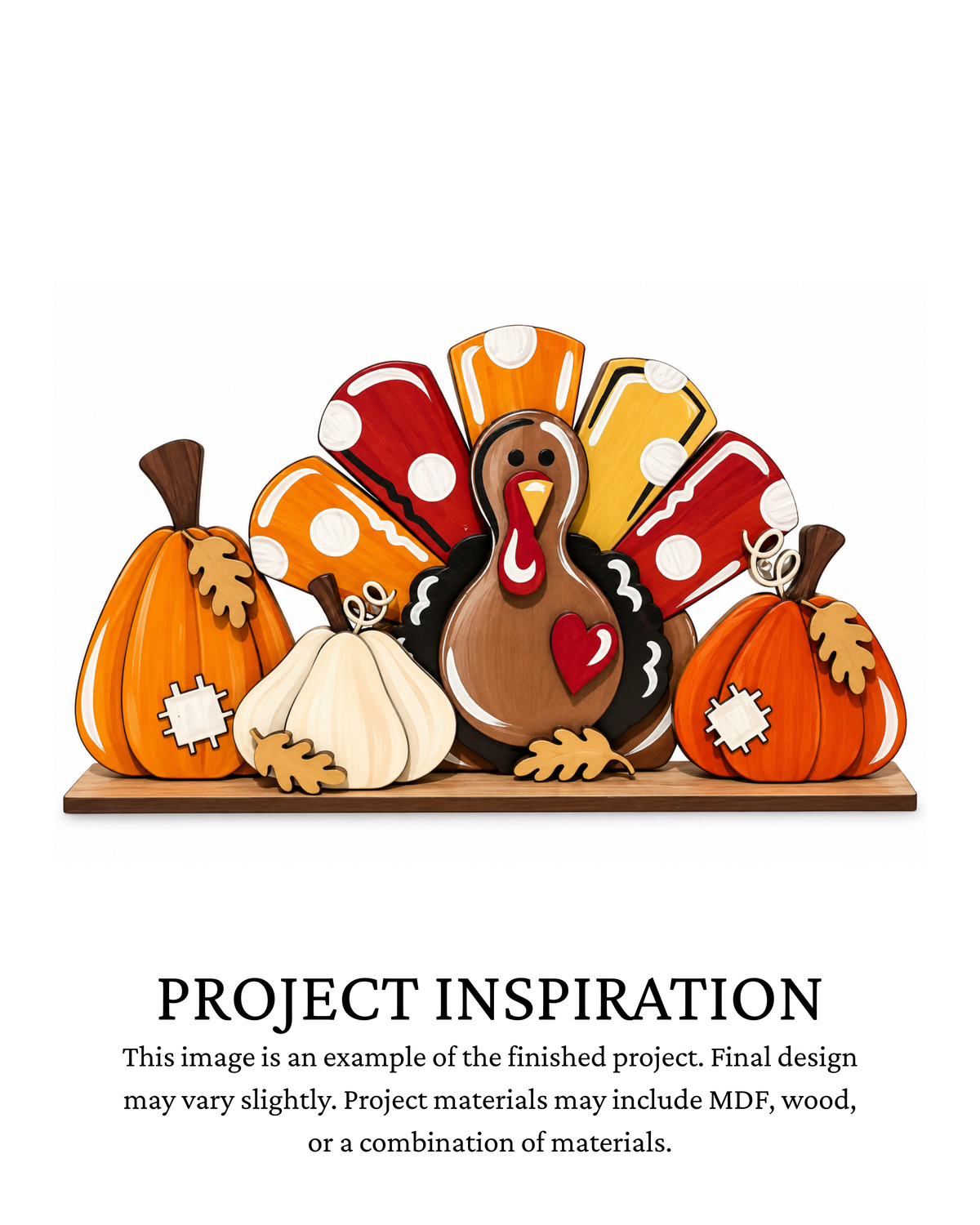 Layered Thanksgiving turkey shelf sitter with colorful patterned tail feathers, orange, ivory and sage pumpkins, and autumn leaves on a display base.