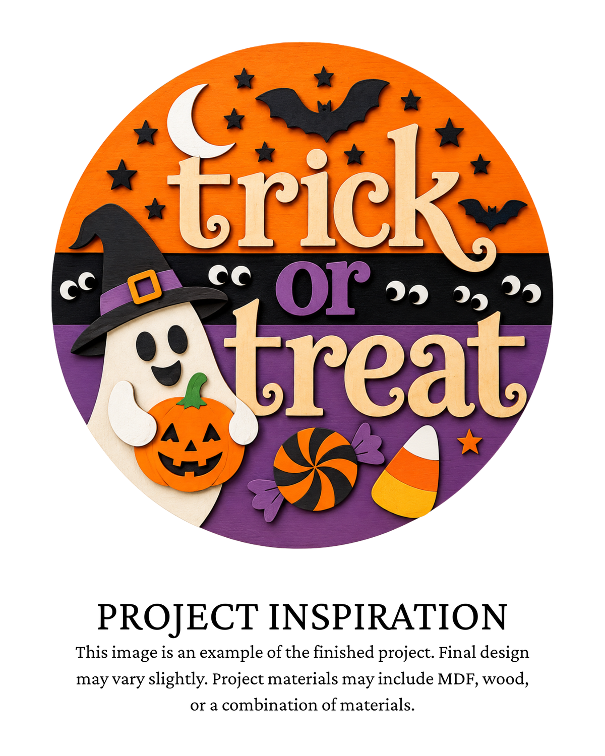 Project inspiration photo for the Trick or Treat Ghost DIY round door sign with witchy ghost, jack-o-lantern, bats and Halloween candy.