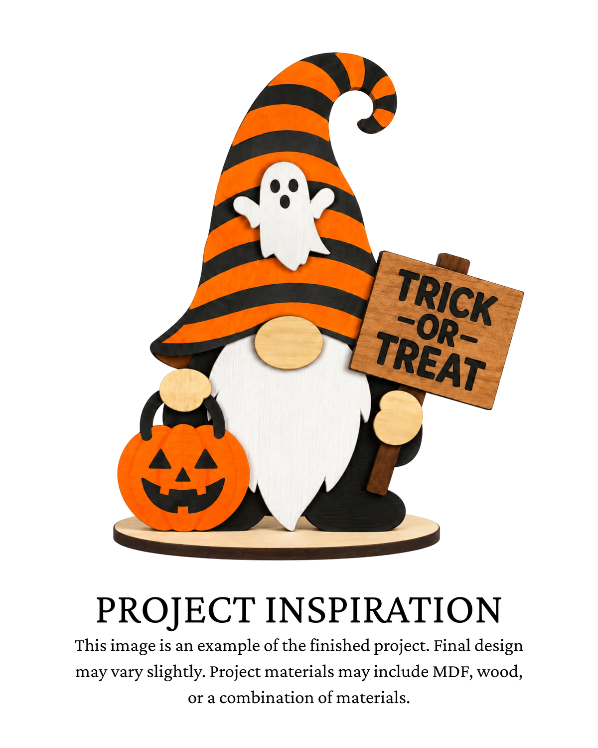 A Halloween gnome decoration with an orange and black striped hat, white beard, black body, a white ghost on the hat, a jack-o'-lantern, and a sign reading 'TRICK OR TREAT'. Below the illustration is text that says 'PROJECT INSPIRATION' and describes the finished project materials.