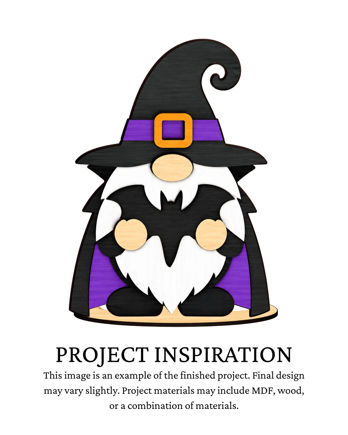 A Halloween gnome decoration or craft design shown on a white background with text below reading 'PROJECT INSPIRATION.' The gnome has a black pointed hat with a purple band and gold buckle, a white beard, black shoes, and purple side panels.