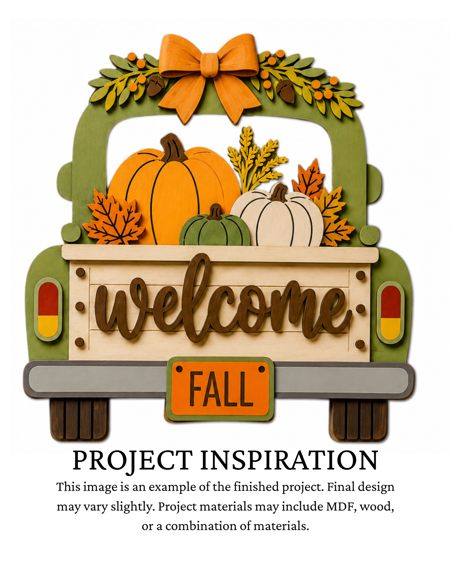 Finished project example of a layered fall door sign featuring a green vintage truck filled with orange, white and green pumpkins, autumn foliage and “Welcome” lettering. Text below reads “Project Inspiration.”