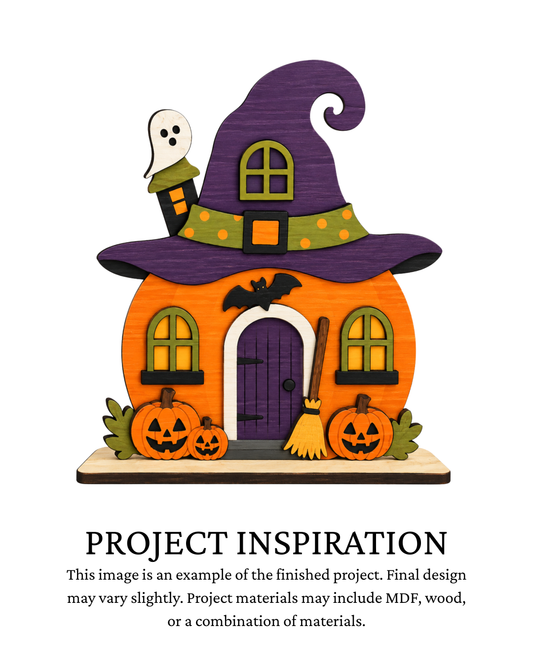 Project inspiration photo for the Witch Hat House DIY shelf sitter with purple witch hat roof, ghost and pumpkins.