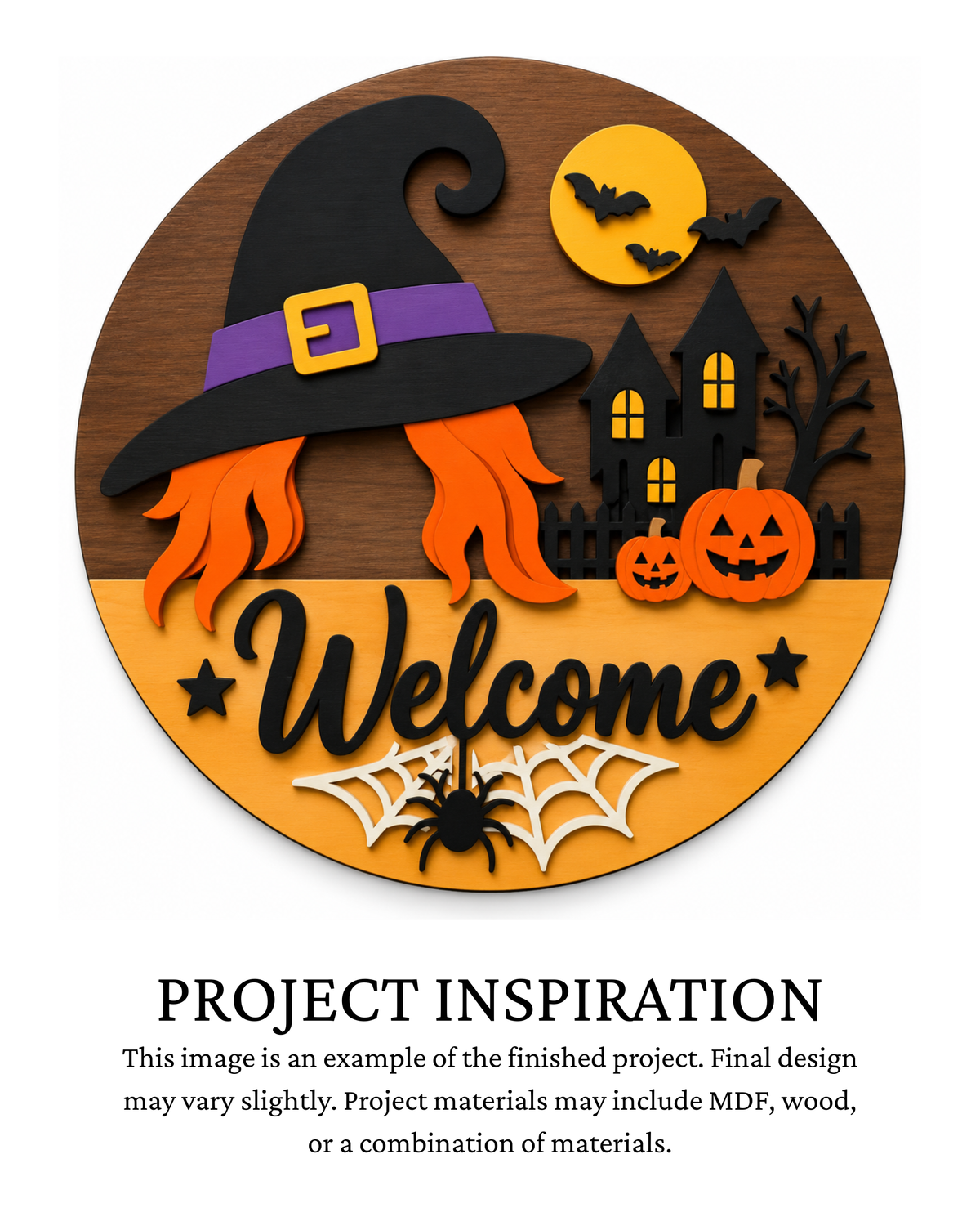 Project inspiration photo for the Witch Welcome DIY round door sign with witch hat, orange hair, pumpkins, bats and spooky house.
