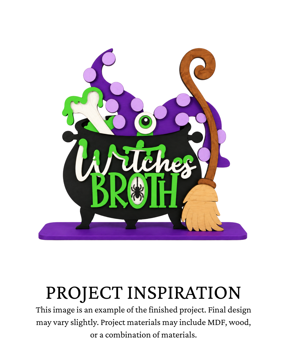 Project inspiration photo for the Witches Broth DIY shelf sitter with bubbling cauldron, witch hat and broom.