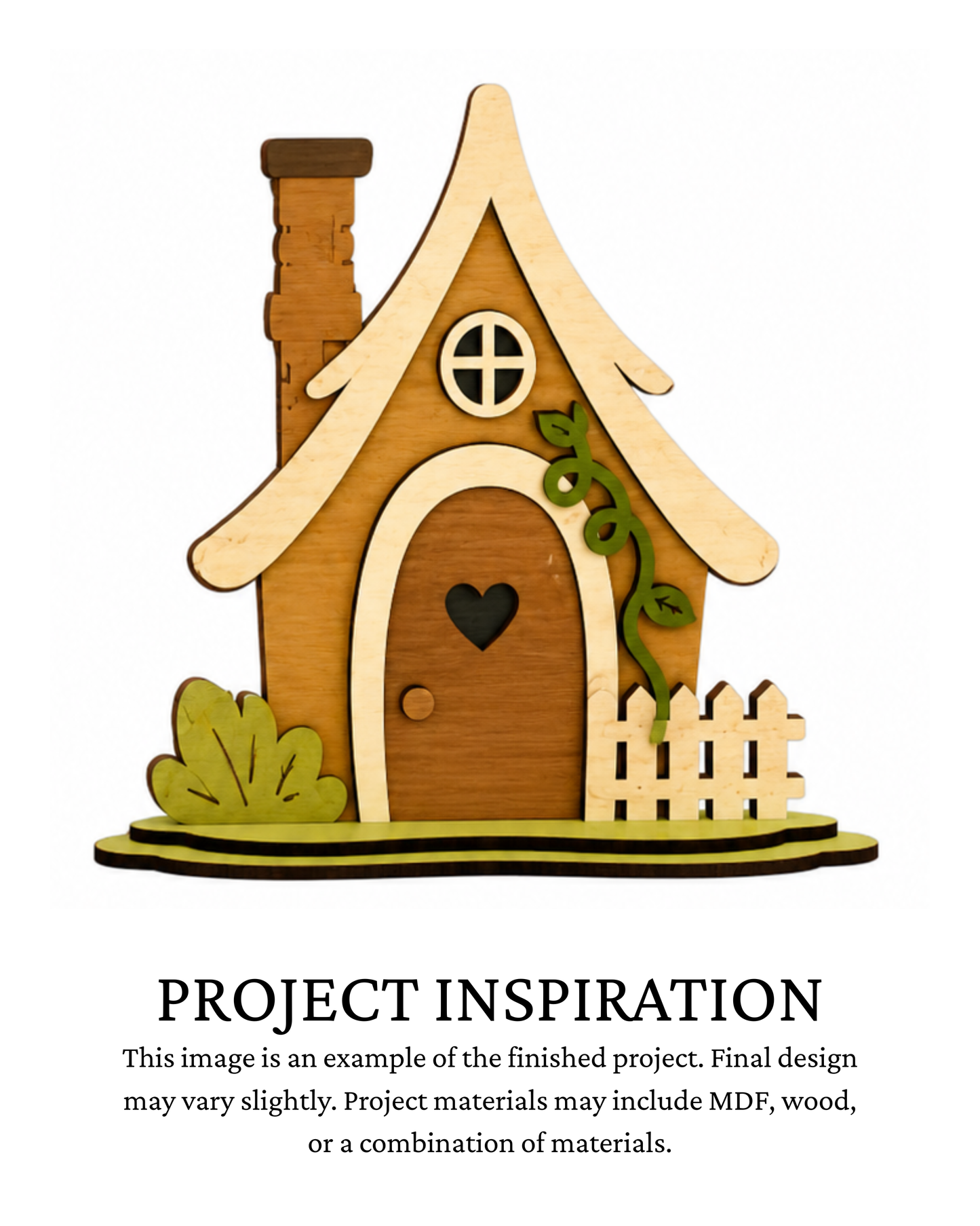 Finished project example of a layered woodland fairy house shelf sitter with a tall peaked roof, chimney, round window, arched door, greenery and white fence. Text below reads “PROJECT INSPIRATION,” describing it as a finished project example.