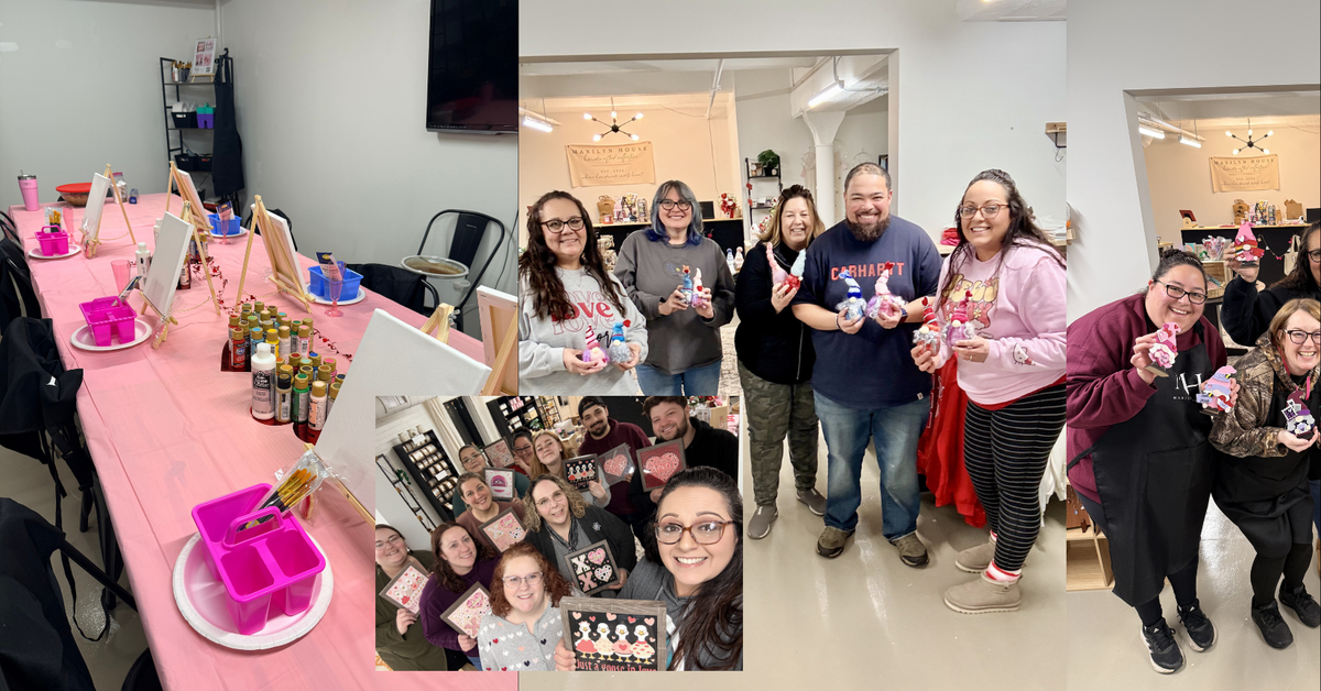Collage of workshop photos showing a set paint night table, group of people showing finished projects smiling. 